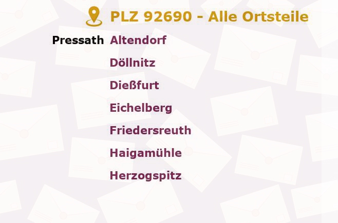 Postleitzahl 92690 Pressath, Bayern - Alle Orte und Ortsteile