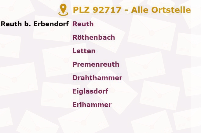 Postleitzahl 92717 Reuth bei Erbendorf, Bayern - Alle Orte und Ortsteile