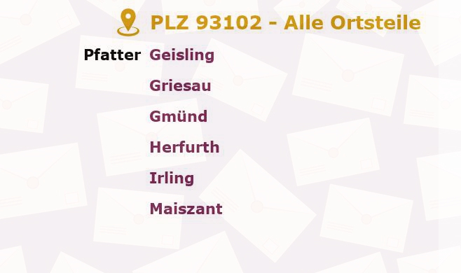 Postleitzahl 93102 Pfatter, Bayern - Alle Orte und Ortsteile