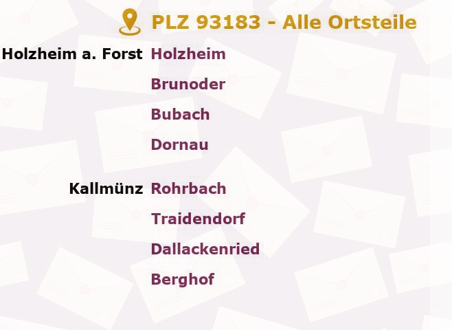 Postleitzahl 93183 Holzheim am Forst, Bayern - Alle Orte und Ortsteile