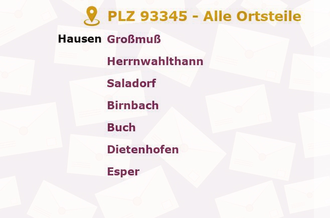 Postleitzahl 93345 Hausen, Bayern - Alle Orte und Ortsteile