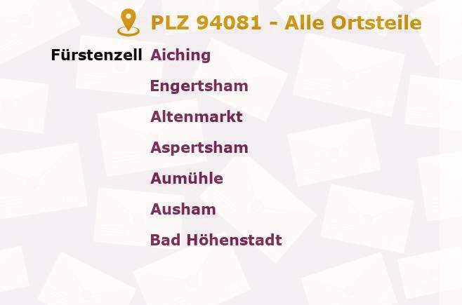 Postleitzahl 94081 Fürstenzell, Bayern - Alle Orte und Ortsteile