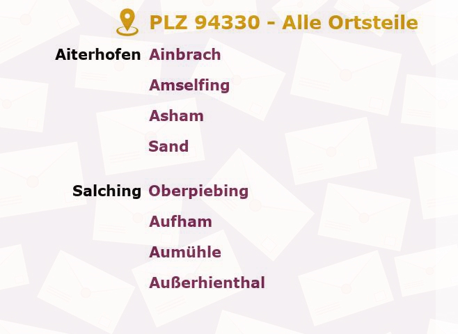 Postleitzahl 94330 Aiterhofen, Bayern - Alle Orte und Ortsteile