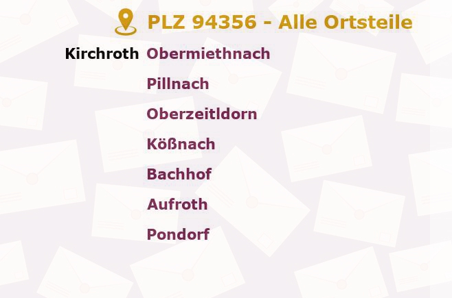 Postleitzahl 94356 Kirchroth, Bayern - Alle Orte und Ortsteile