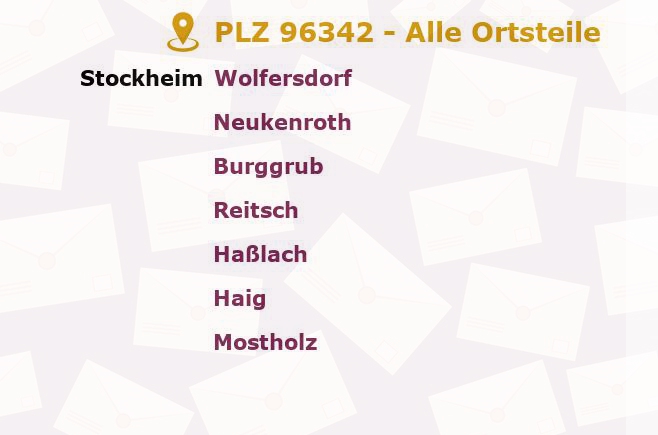 Postleitzahl 96342 Stockheim, Bayern - Alle Orte und Ortsteile