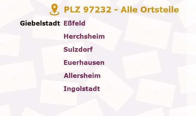 Postleitzahl 97232 Giebelstadt, Bayern - Alle Orte und Ortsteile