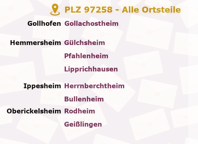 Postleitzahl 97258 Gollhofen, Bayern - Alle Orte und Ortsteile