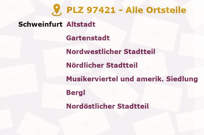 Postleitzahl 97421 Schweinfurt, Bayern - Alle Orte und Ortsteile