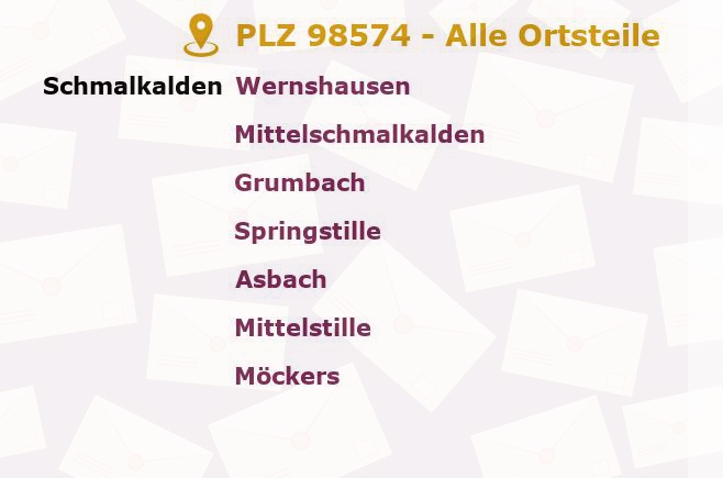 Postleitzahl 98574 Schmalkalden, Thüringen - Alle Orte und Ortsteile