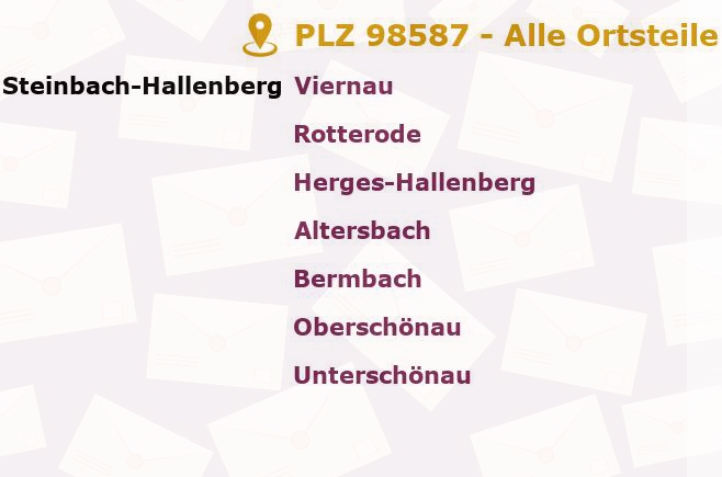 Postleitzahl 98587 Altersbach, Thüringen - Alle Orte und Ortsteile