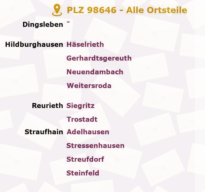 Postleitzahl 98646 Bedheim, Thüringen - Alle Orte und Ortsteile