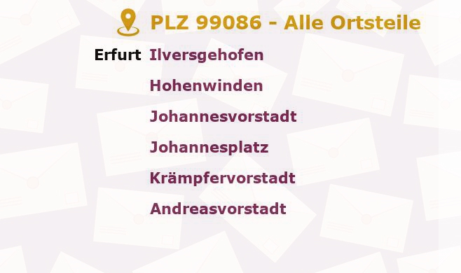 Postleitzahl 99086 Erfurt, Thüringen - Alle Orte und Ortsteile