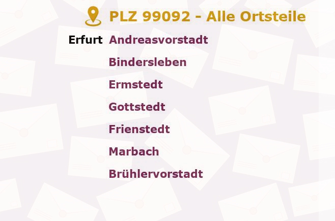 Postleitzahl 99092 Erfurt, Thüringen - Alle Orte und Ortsteile
