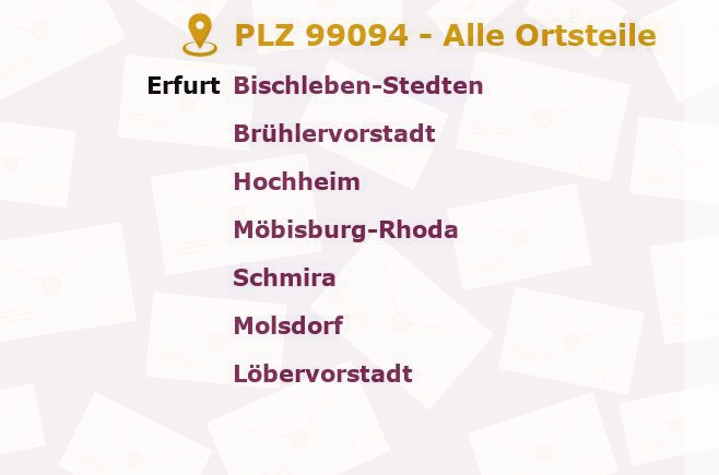 Postleitzahl 99094 Erfurt, Thüringen - Alle Orte und Ortsteile