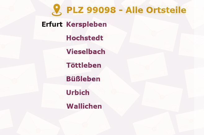 Postleitzahl 99098 Erfurt, Thüringen - Alle Orte und Ortsteile