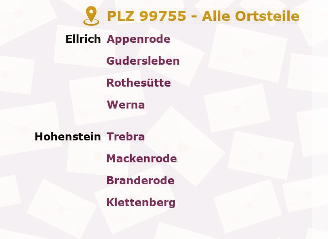 Postleitzahl 99755 Thüringen - Alle Orte und Ortsteile