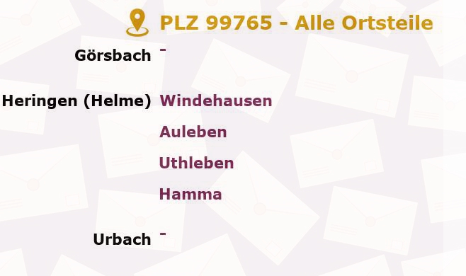 Postleitzahl 99765 Auleben, Thüringen - Alle Orte und Ortsteile