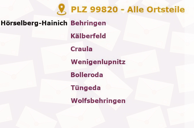 Postleitzahl 99820 Behringen, Thüringen - Alle Orte und Ortsteile