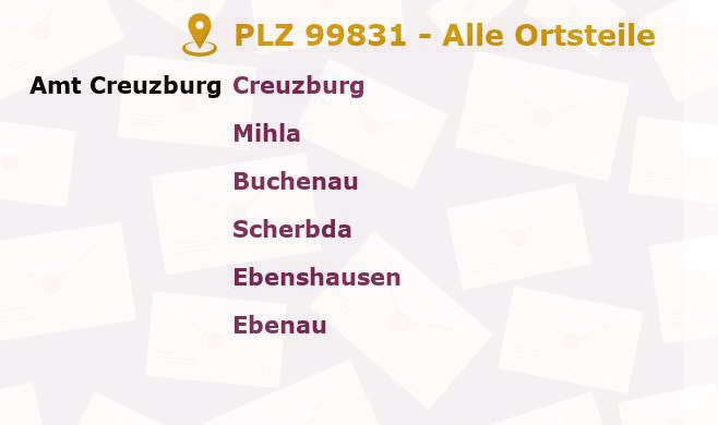 Postleitzahl 99831 Creuzburg, Thüringen - Alle Orte und Ortsteile