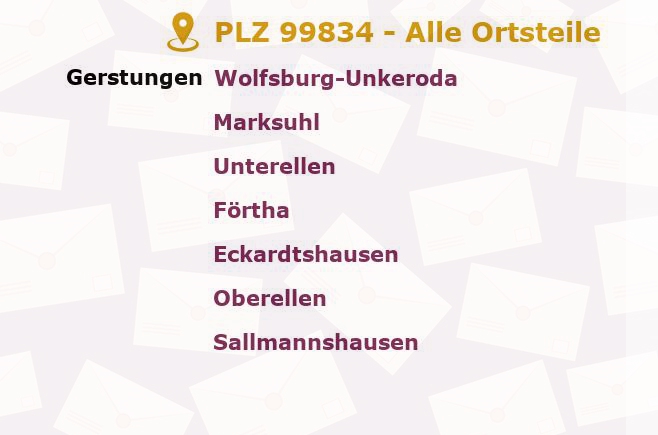 Postleitzahl 99834 Unterellen, Thüringen - Alle Orte und Ortsteile