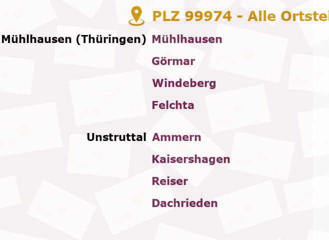 Postleitzahl 99974 Mühlhausen, Thüringen - Alle Orte und Ortsteile