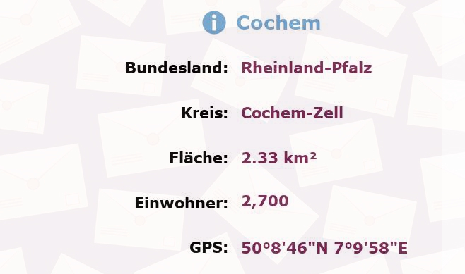 3 Postleitzahlen in Cochem, Rheinland-Pfalz