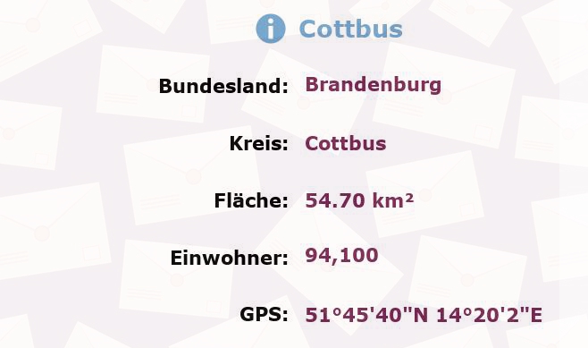 10 Postleitzahlen in Cottbus, Brandenburg