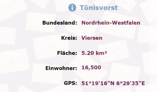 1 Postleitzahl in Tönisvorst, Nordrhein-Westfalen